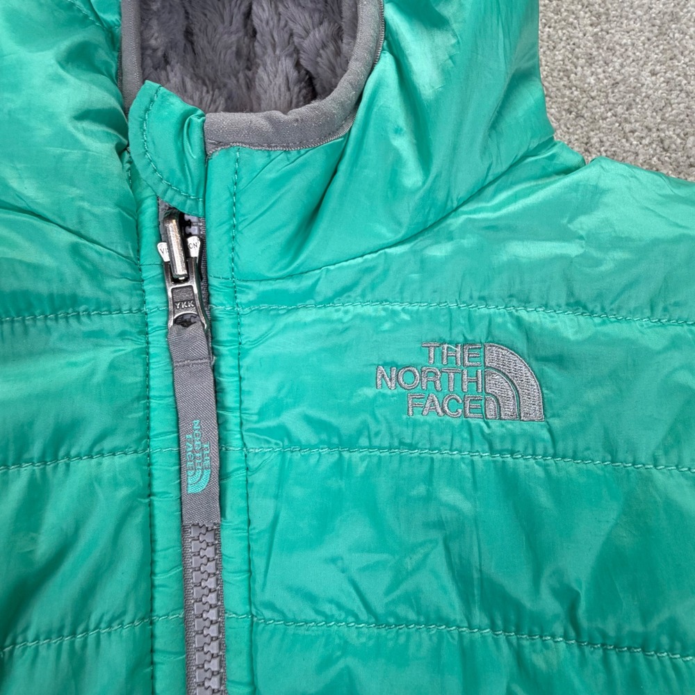 The North Face Infant 6-12M Reversible Jacket Teal Grey Quilted Fleece Hooded - Picture 2 of 8